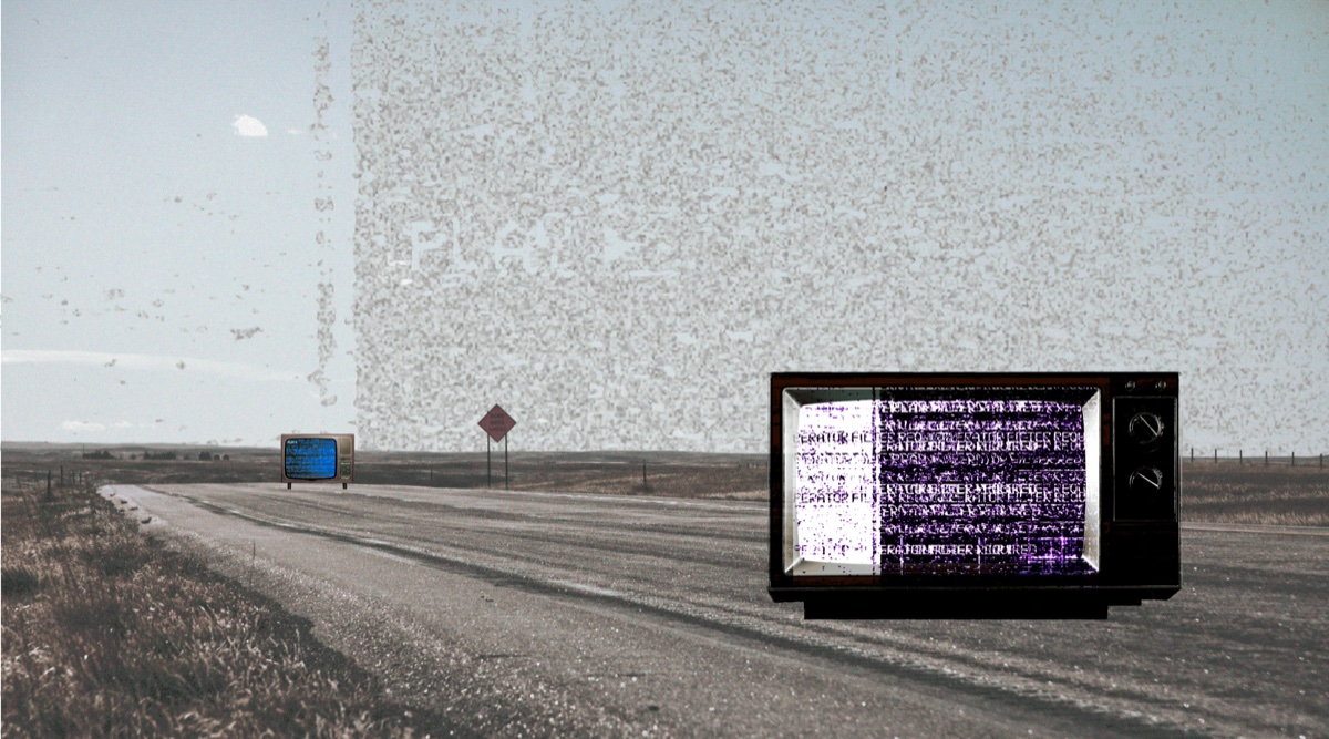 Surreal photo composite of an old television on a desert road, titled On the Road to Financial Freedom.