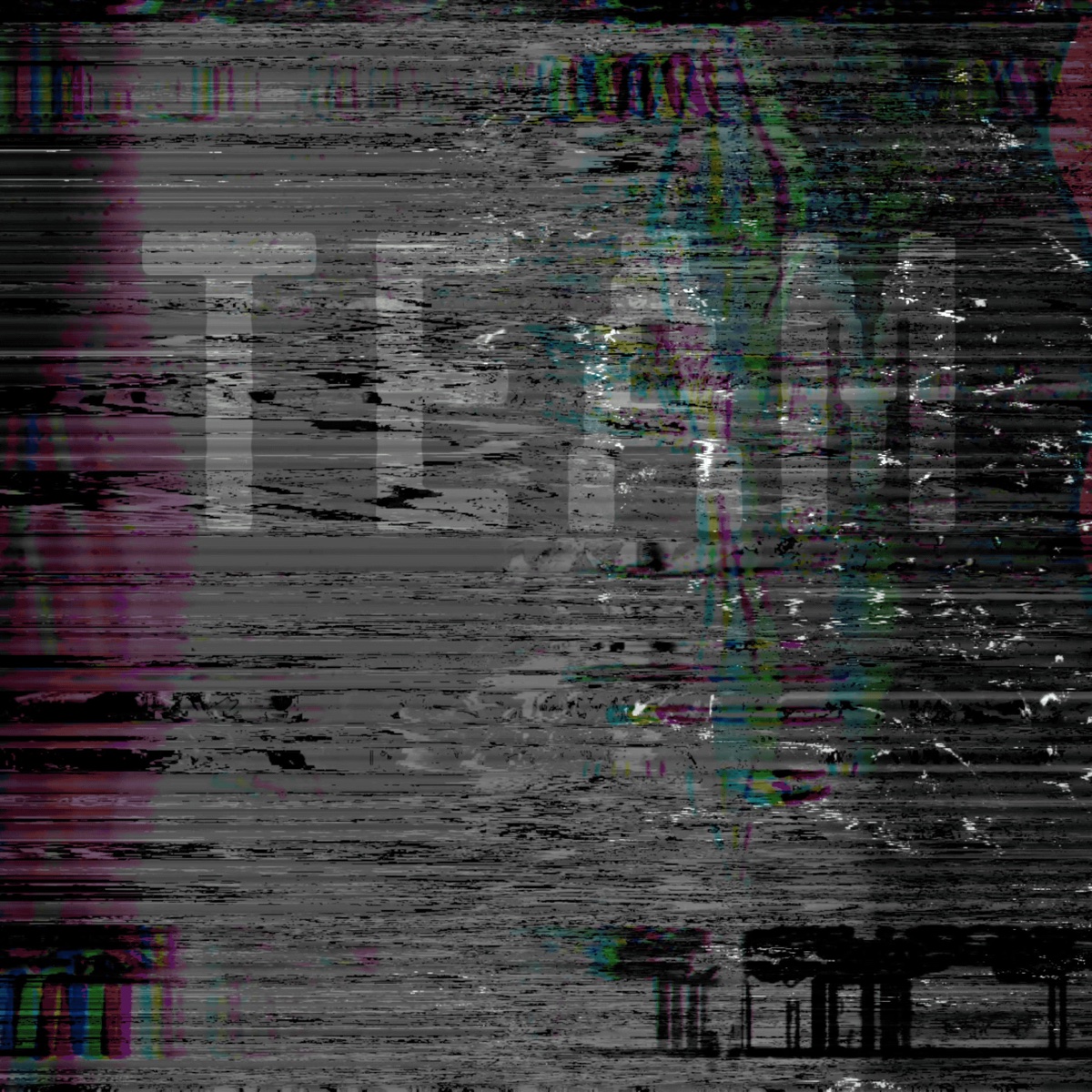 Grayscale glitch piece with the word TEAM emerging from noise.