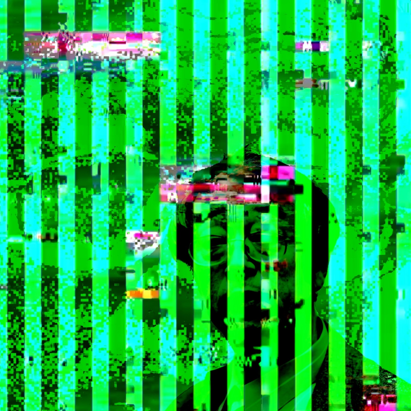 RGB channel-shifted glitch portrait in green and magenta, titled Broken Vision.