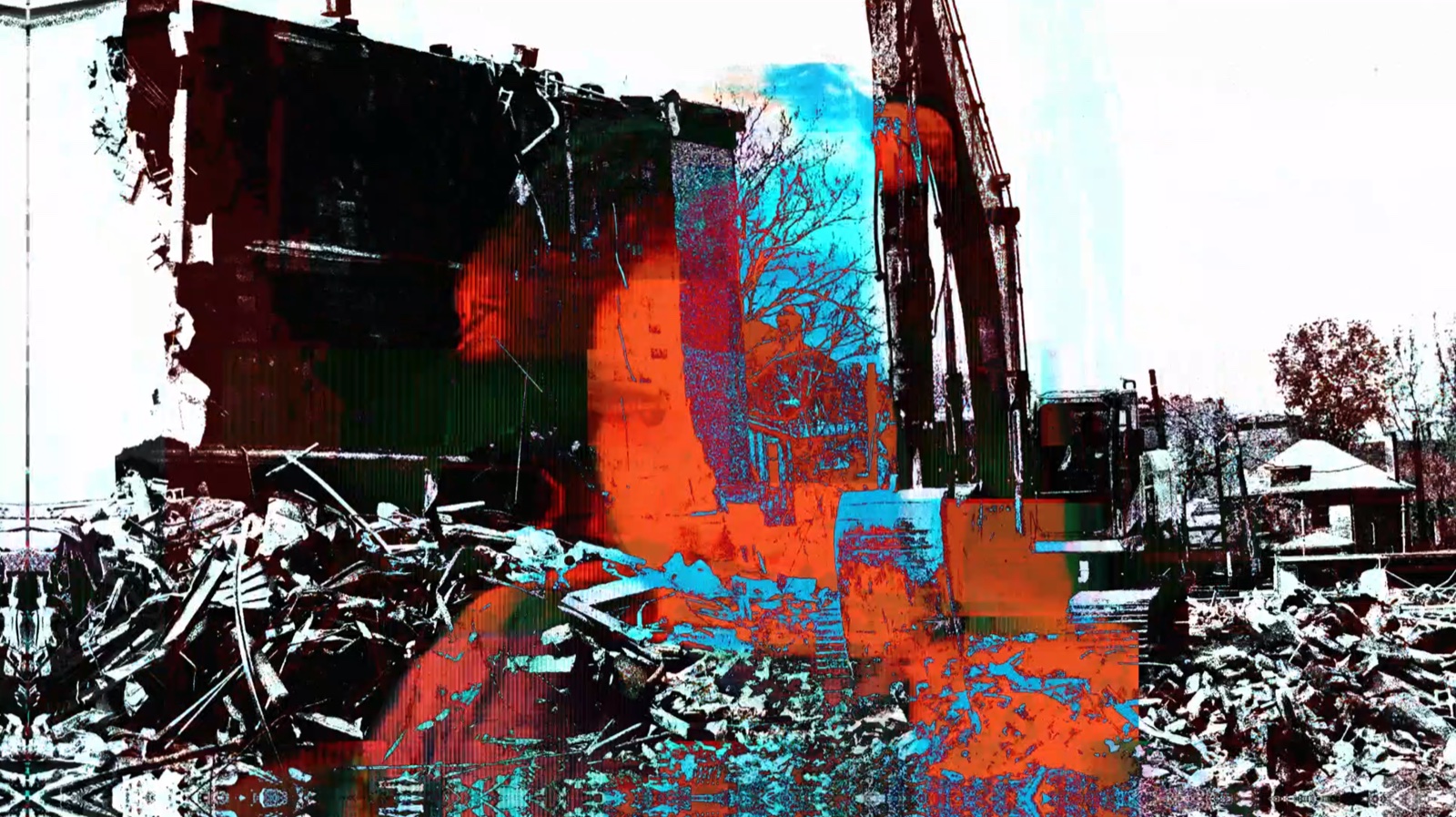 Orange and cyan datamosh glitch photograph of a demolition site, titled It's Great.